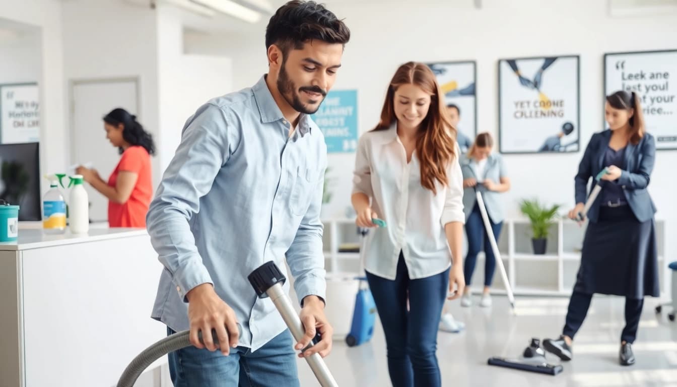Efficient städning företag team cleaning a modern office environment with professional tools.