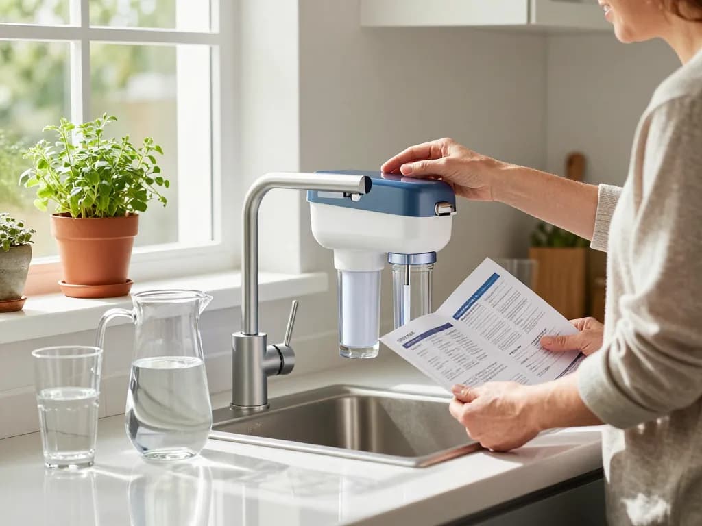 Person som installerar https://vattenfilterspecialisten.se/vattenfilter/ i ett modernt kök, omgiven av rent vatten och färska örter.