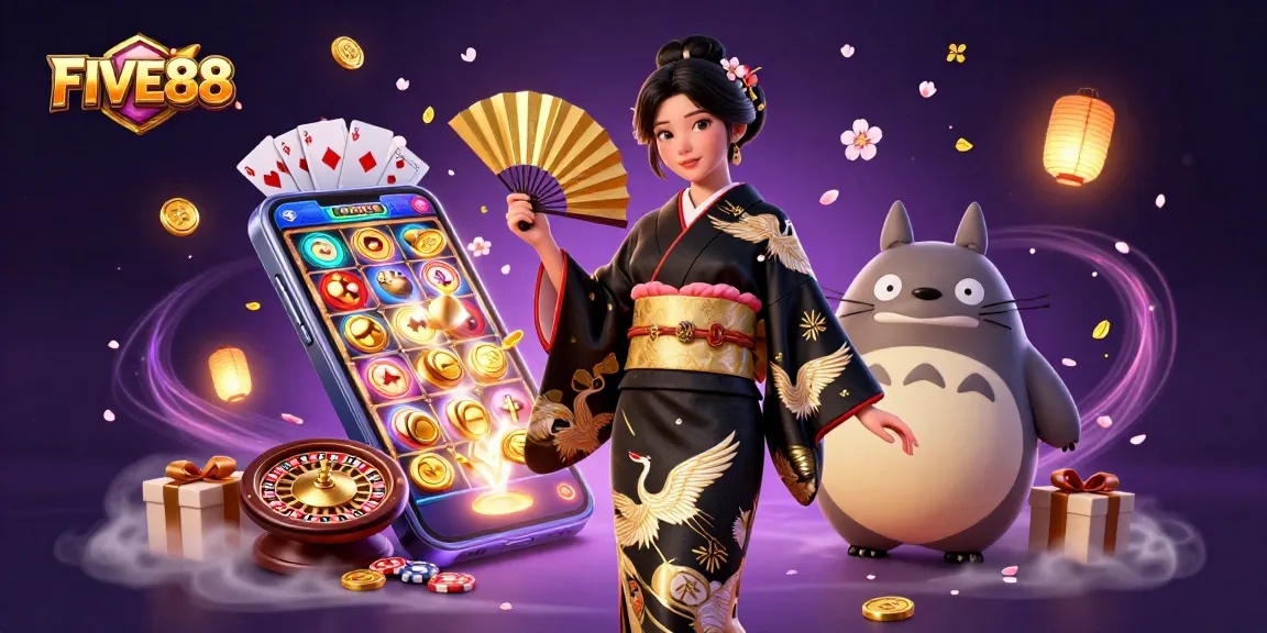 Experience thrilling games at FIVE88, with vibrant casino elements like slot games and roulette.