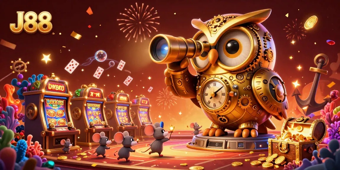 Immerse in J88's vibrant casino life with a magical 3D owl guarding treasures among playful mice.