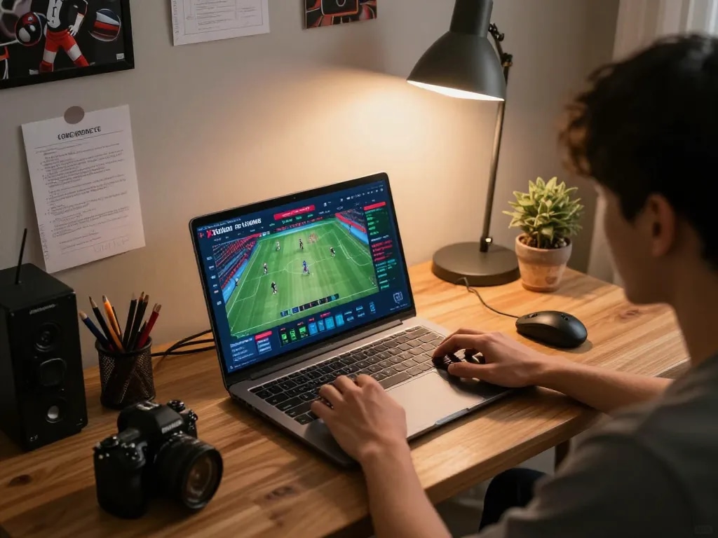Xoilac trực tuyến user engaged in online betting with laptop displaying live sports match