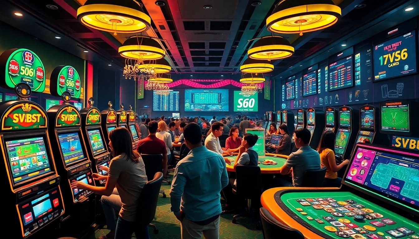 SV66 BET online casino scene showcasing diverse players enjoying high-stakes games in a vibrant, luxurious setting.