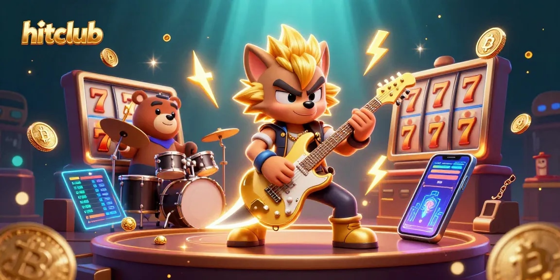 hitclub players spin the slots and win with vibrant characters and glowing casino elements