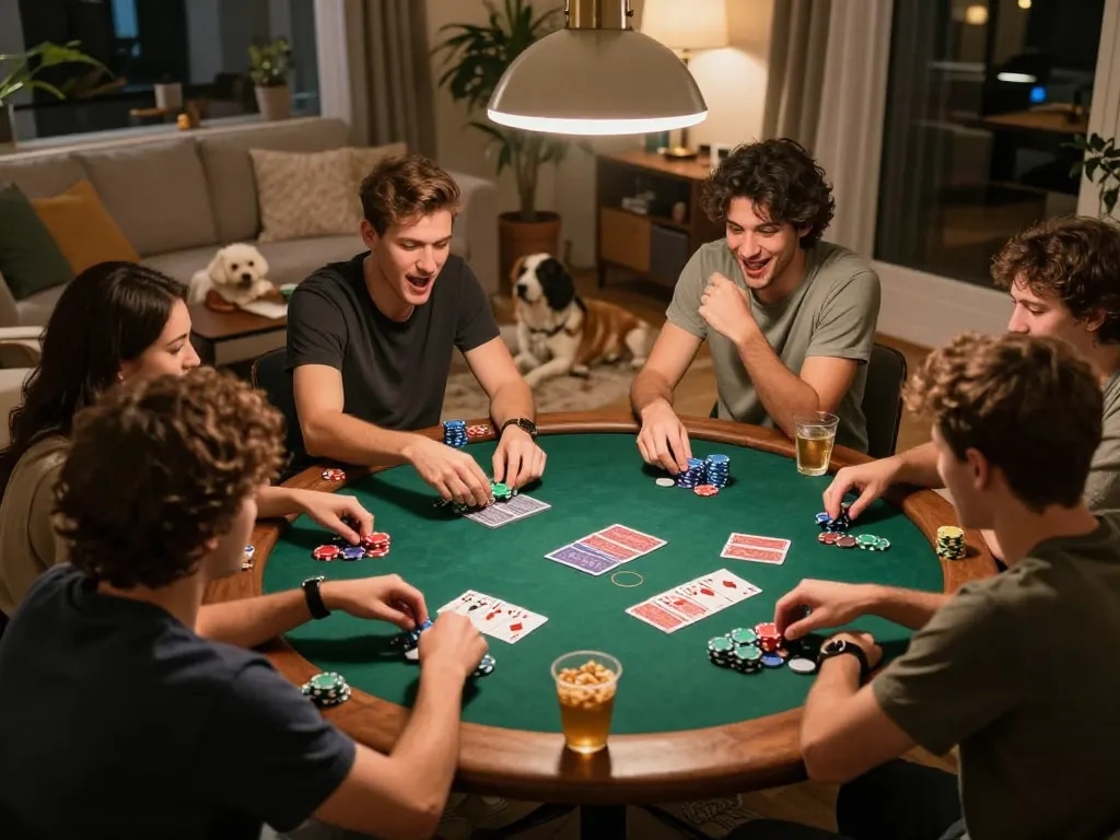 fb88 players enjoying an exciting poker night at home with colorful chips and cards.