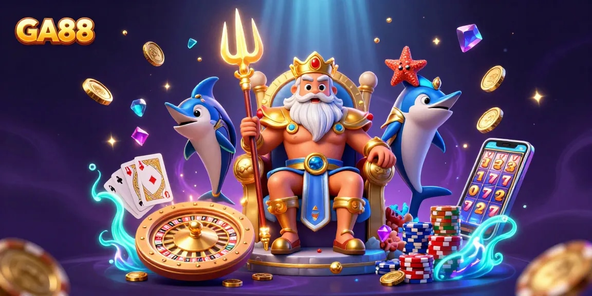 Engage in thrilling fun with GA88 as the sea king Neptune and his samurai buddy defend their coral thrones in a sparkling casino.