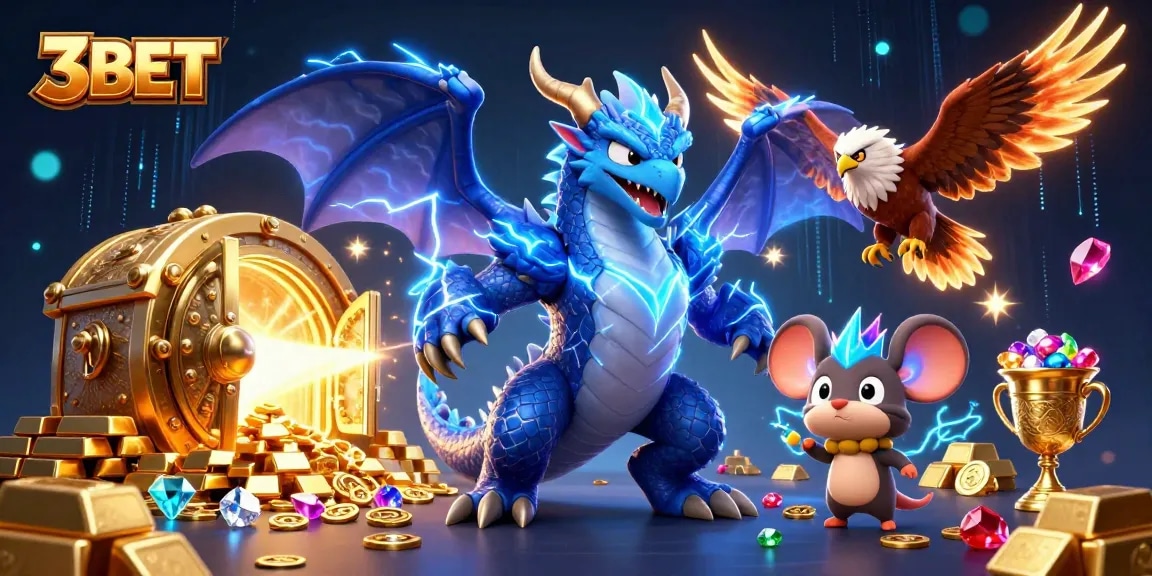 Win exciting games with 3BET in this vibrant casino illustration featuring dynamic characters.