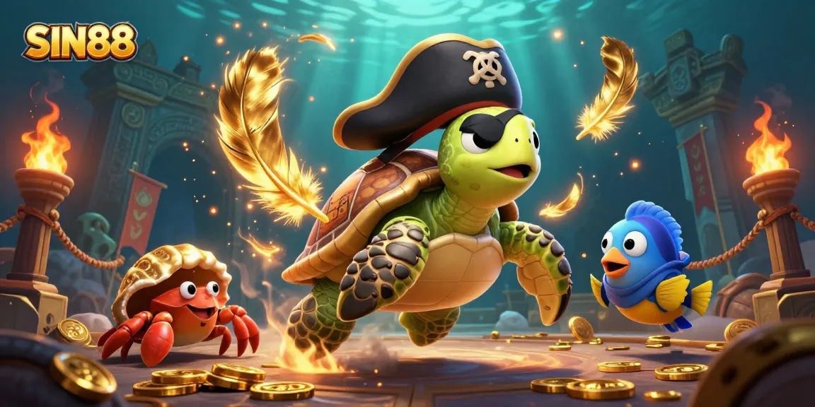 SIN88 pirate turtle and friends uncovering gambling treasures with exciting visuals.