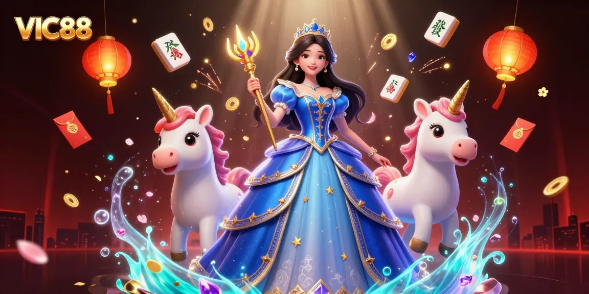 Play exciting games at VIC88 with a captivating 3D illustration showcasing a fantasy casino scene.