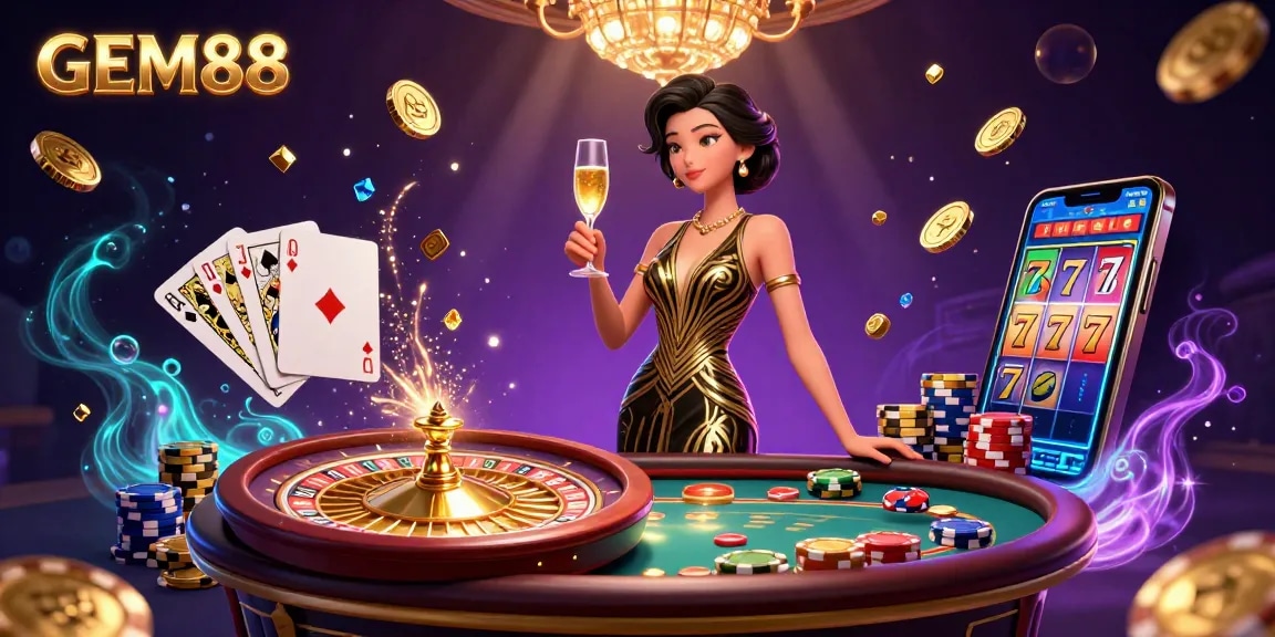 Experience excitement at GEM88 with a stunning Asian woman leading a vibrant casino scene filled with dynamic gaming elements.