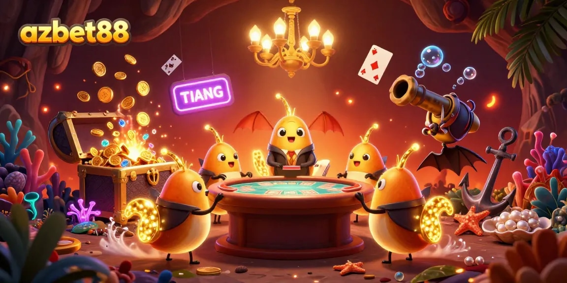 Engage with azbet88 as glowworms illuminate a vibrant cave casino, showcasing thrilling games and treasure elements.