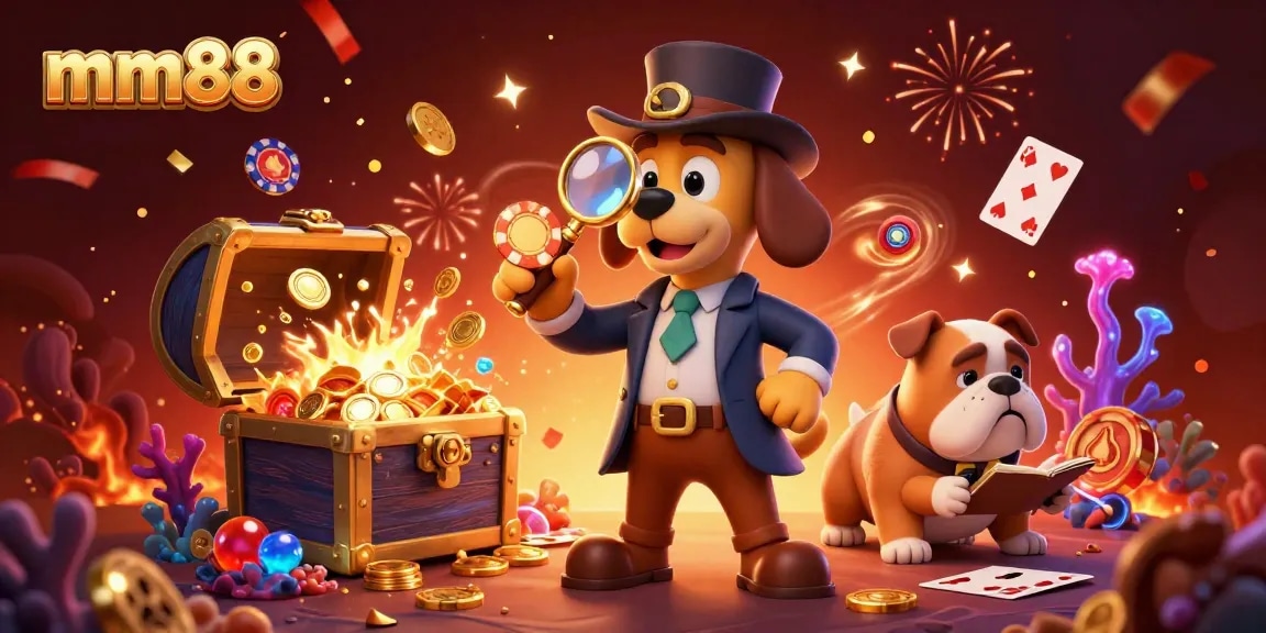 Join the mm88 adventure with a detective and bulldog gathering clues in a vibrant casino scene.