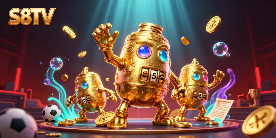 S8TV showcases expert sports betting strategies with a vibrant 3D illustration of a golden golem and betting elements.