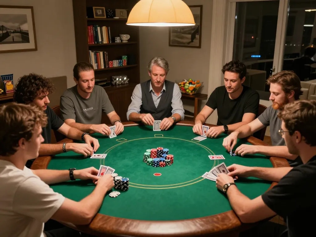 llwin home poker night with friends, showcasing strategy and social gambling atmosphere