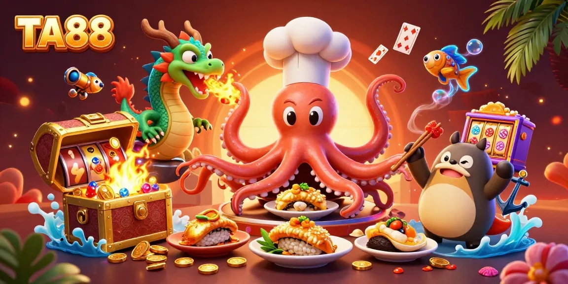 Engage with TA88 and celebrate wins surrounded by golden jackpots and colorful elements in a vibrant casino scene.