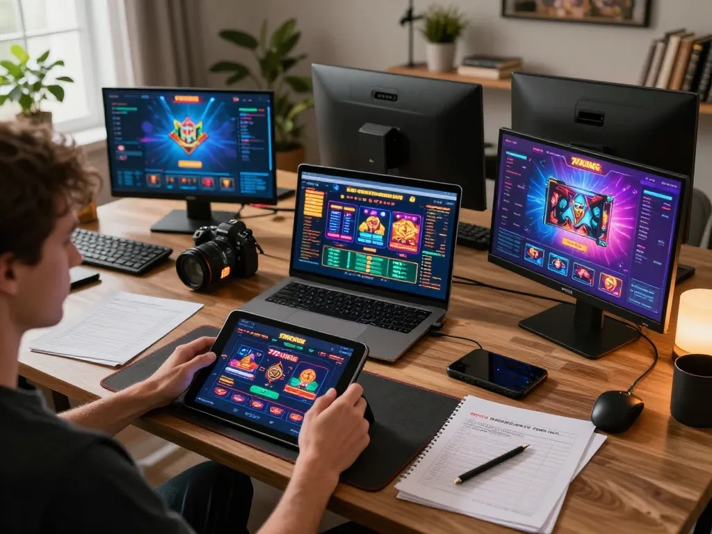 Engaging with the 79KING casino app on a tablet in a stylish gaming setup