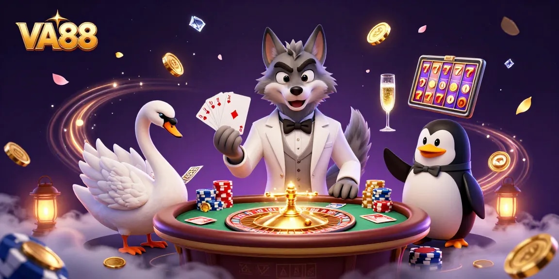 Experience the excitement of VA88 with a debonair wolf and elegant swan in a lavish casino scene.
