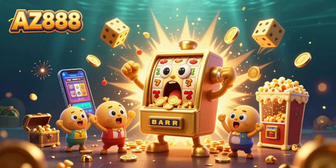 Experience the excitement of AZ888 with a golden slot machine celebrating its jackpot amidst a flurry of coins.