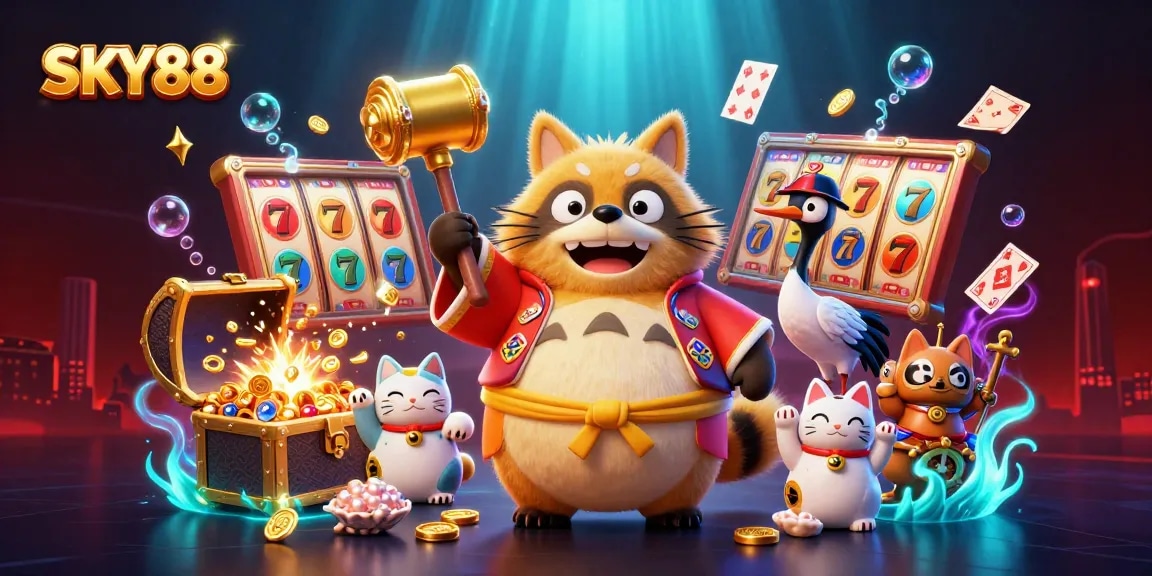 Join the fun at SKY88 as lucky tanuki and friends celebrate exciting casino games and jackpots