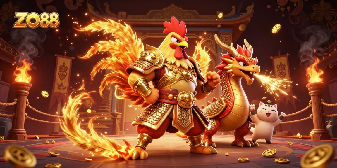 ZO88 captivating illustration of a fighting rooster warrior in a dynamic casino setting filled with gold coins and game elements.
