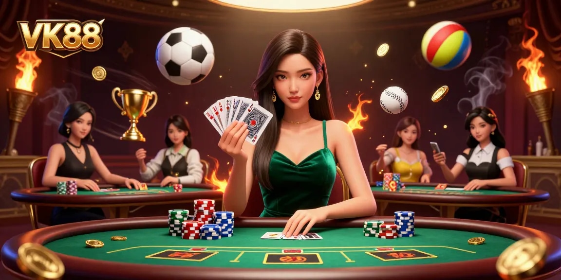 Experience VK88 by playing cards at a luxury poker table, surrounded by casino excitement.