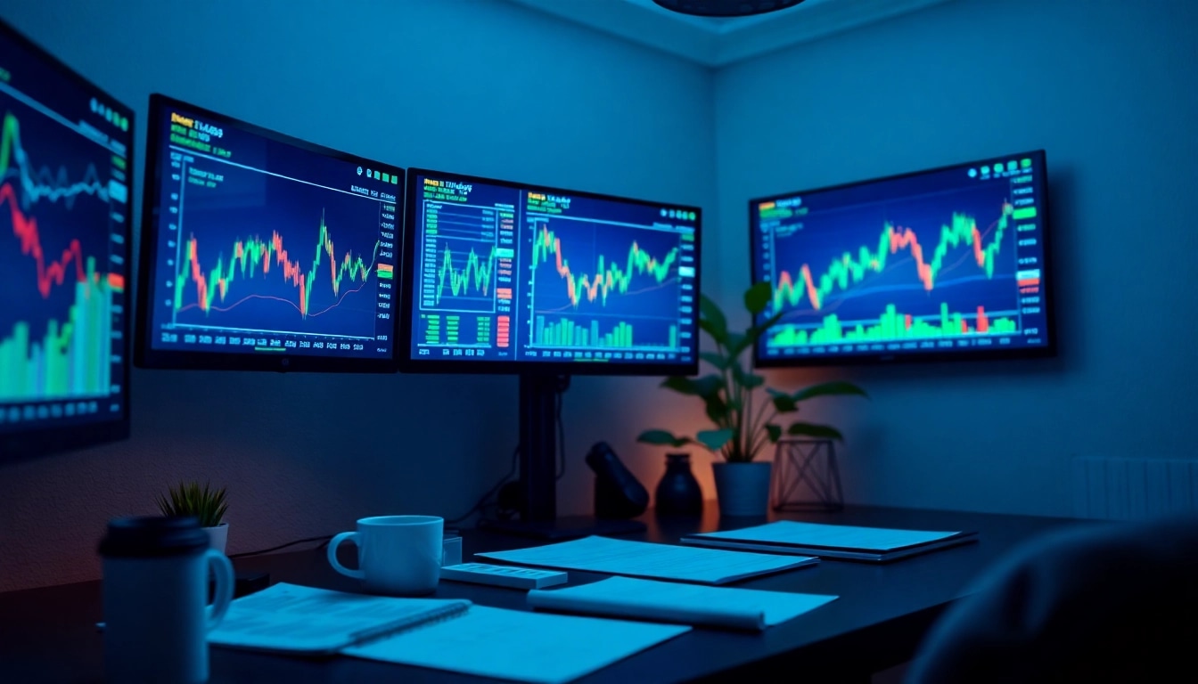 Krypto kurser displayed on digital trading screens in a modern office.