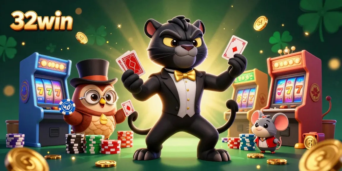 Engage with 32win's thrilling casino experience featuring a stylish cartoon panther dealing cards and an owl with poker chips.