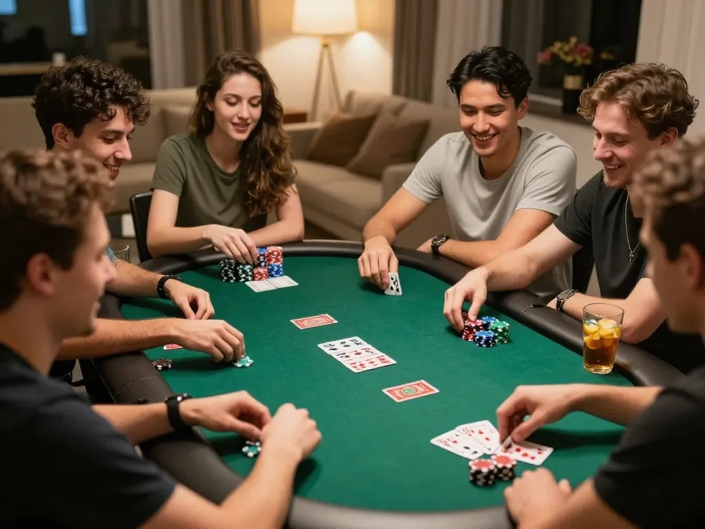 Engagerande pokerspel hemma som visar online casino utan svensk licens i en vänlig atmosfär.