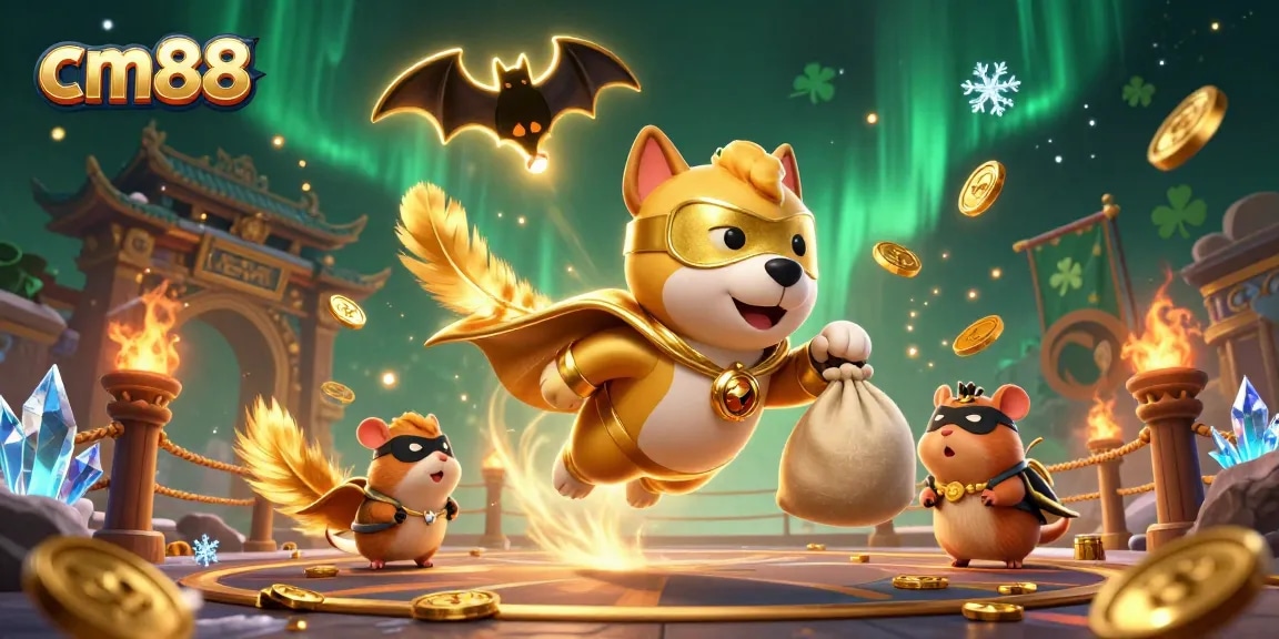 Win big at cm88 with a cartoon superhero dog and hamster amidst a vibrant casino scene.