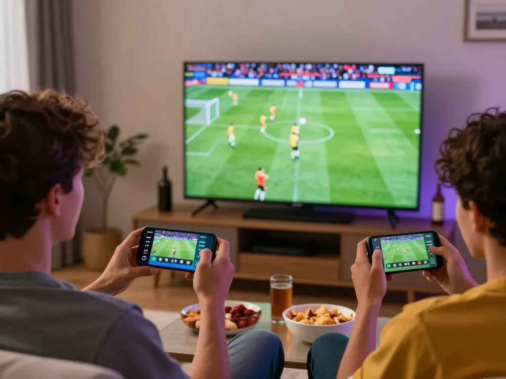 Socolive xem bong da experience with sports fans engaging in live football betting on smartphones while enjoying the game.