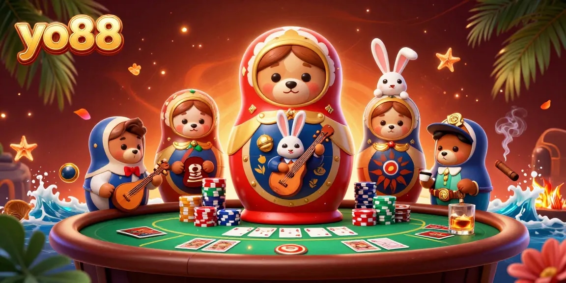 Experience thrilling casino action with yo88 in this vibrant 3D illustration featuring playful characters.