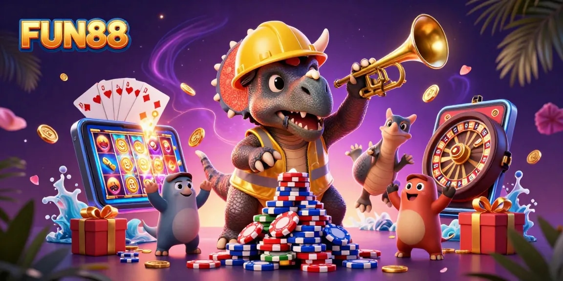 Celebrate fun at FUN88 with lively characters building poker chip pyramids and gaming elements!