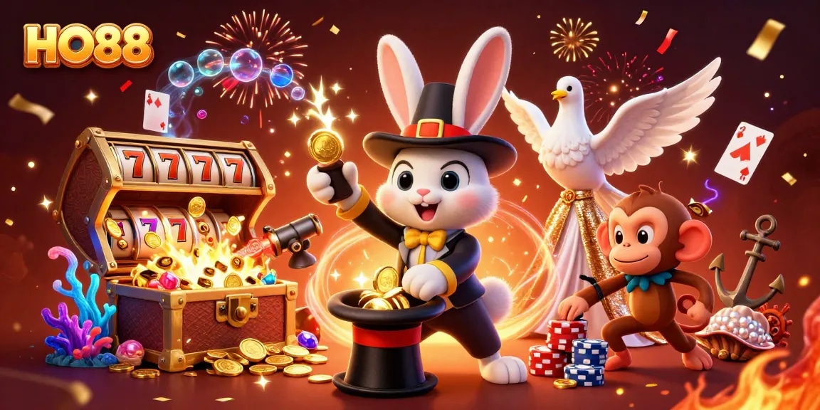 Engage with the vibrant world of HO88 gaming featuring a magician rabbit, dove, and monkey surrounded by festive casino elements.
