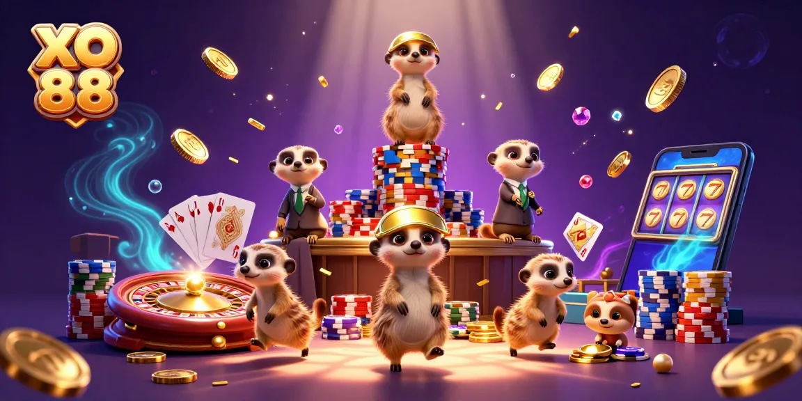Experience thrilling gaming at XO 88 with meerkats in a vibrant casino scene.