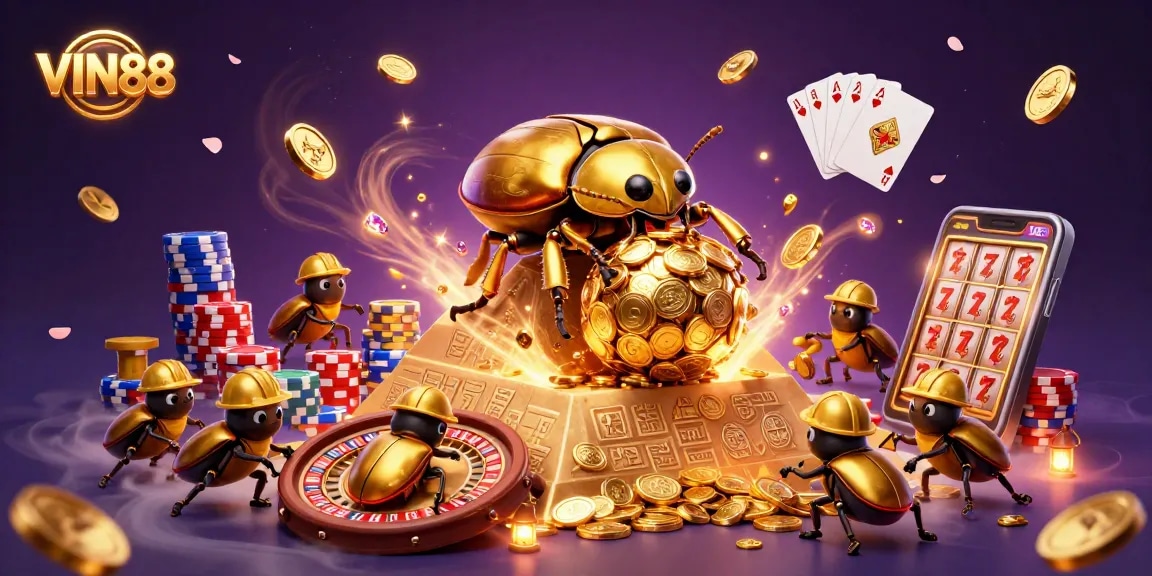 Experience the excitement of VIN88 with a vibrant 3D casino scene filled with golden coins and thrilling games.