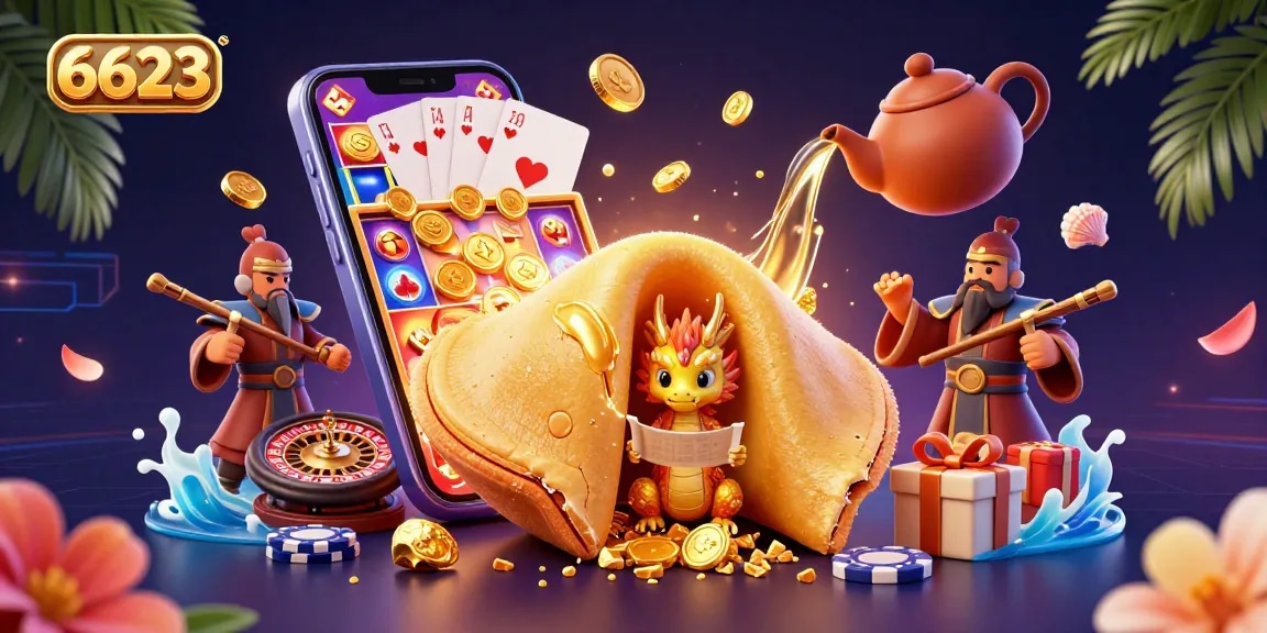 Experience winning moments at 6623 with a vibrant illustration of a casino fortune scene, showcasing golden treasures and dynamic game elements.