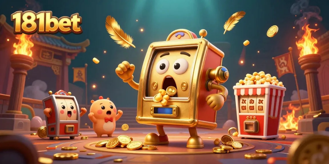 Experience the thrill of 181bet with a golden slot machine hitting the jackpot, coins overflowing!