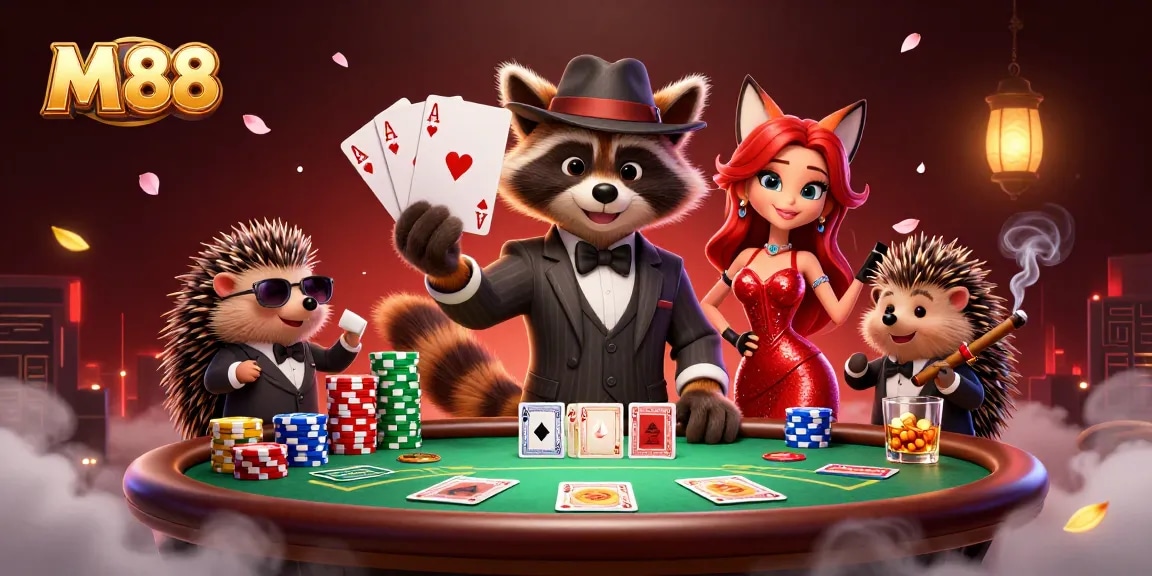 M 88 showcases a raccoon holding a royal flush in a lively casino atmosphere full of poker elements.