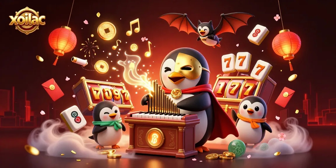 Engage in gambling excitement with xoilac's vibrant casino-themed illustration featuring a penguin and bat acrobat.