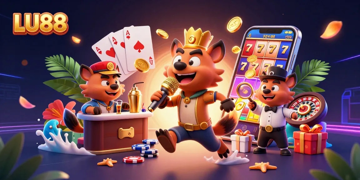 LU88 offers a vibrant casino scene with hyenas celebrating and engaging in exciting games around colorful slots.