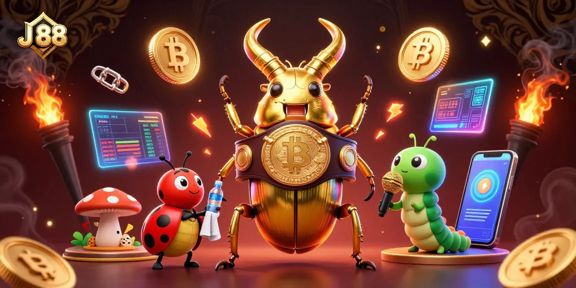 Engage with J 88 in this vibrant casino-themed 3D illustration showcasing lively characters and dynamic crypto elements.