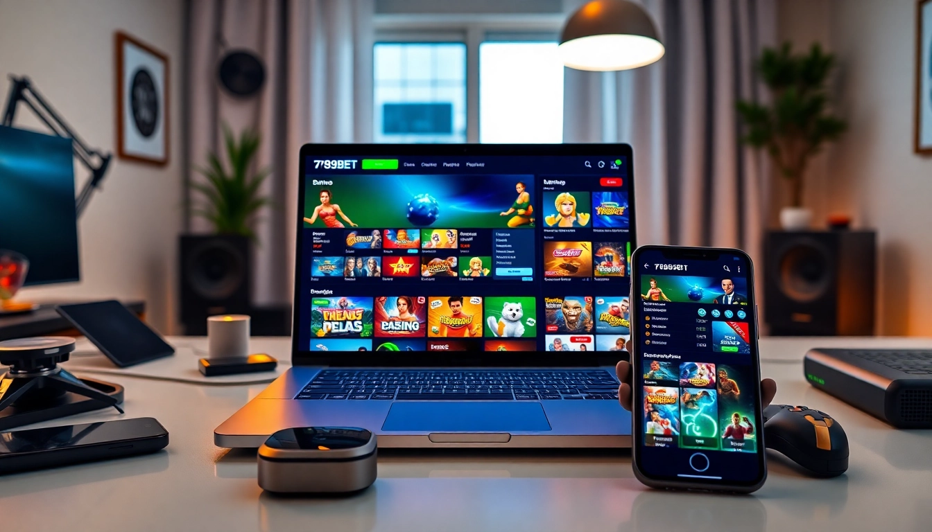 Online betting platform interface of 789bet displayed on laptop and smartphone.