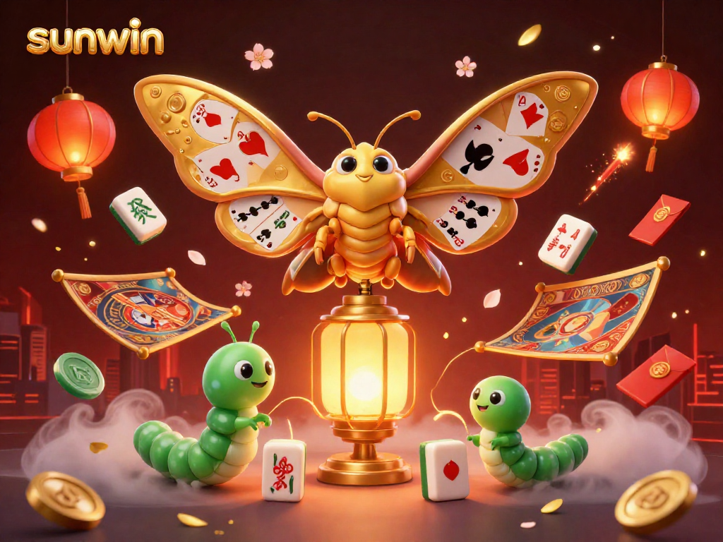 Experience excitement at sunwin with a vibrant casino scene featuring golden moths and lucky symbols.