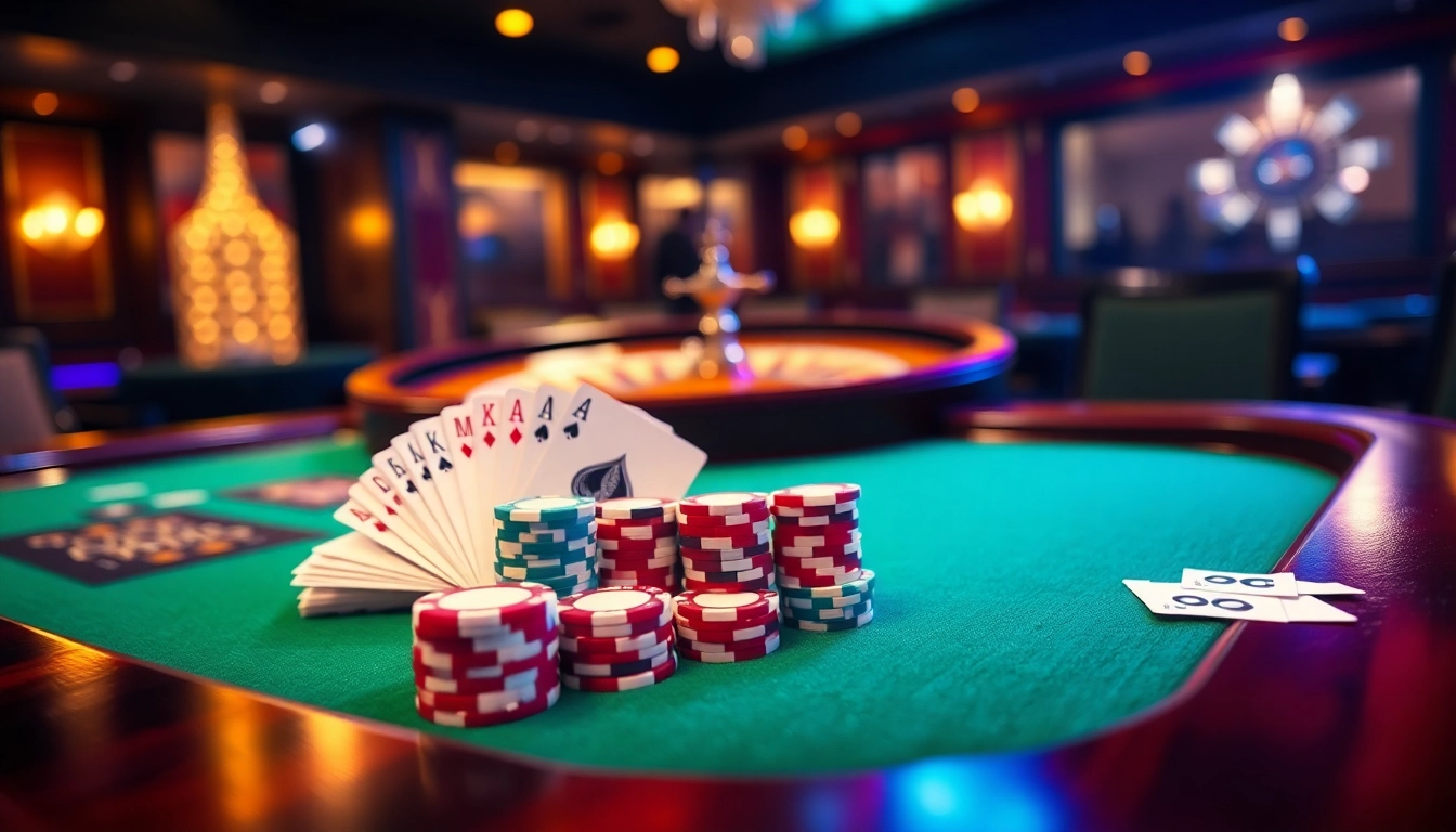 Experience thrilling gameplay at U888's upscale casino with vibrant poker chips and cards.