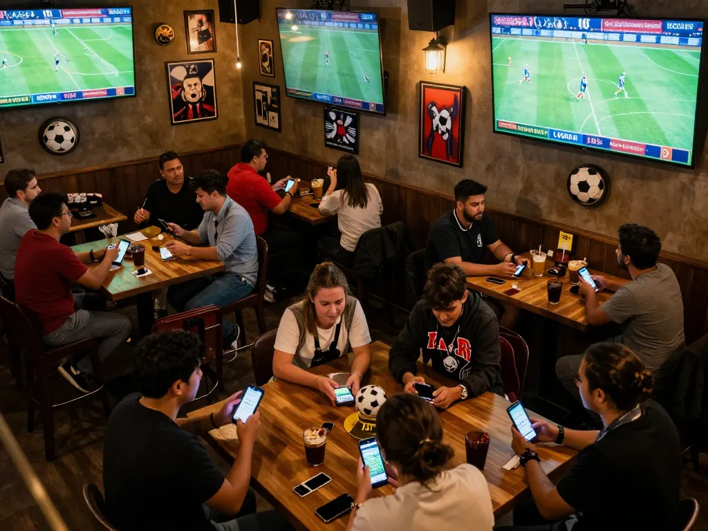 Socolive xem bong da bringing excitement as fans engage in betting activity at a lively sports bar.
