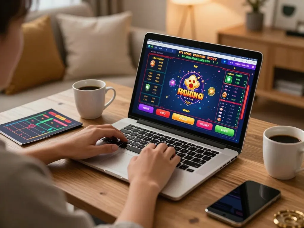 Engaging in online casino gameplay with RR88 at a stylish home desk, showcasing strategy and excitement.