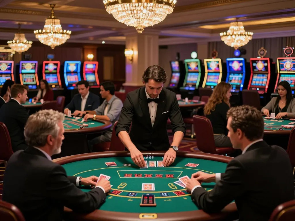 Xoilac players strategizing at a busy blackjack table, showcasing thrilling casino gameplay moments.