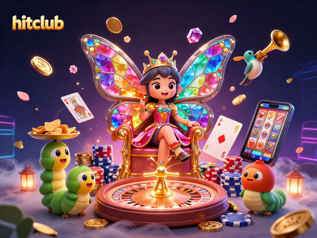 Play slots and win big at hitclub, featuring a vibrant 3D illustration of a butterfly queen and casino elements.