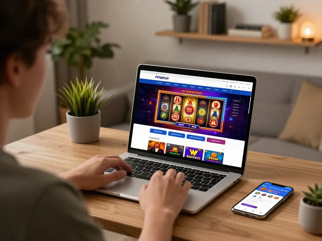 Player engaging with PHPVIP online gaming platform in a cozy home setting, exploring exciting gambling options.