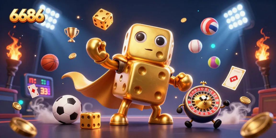 Experience thrilling sports betting with 6686's dynamic golden dice golem and vibrant game elements.