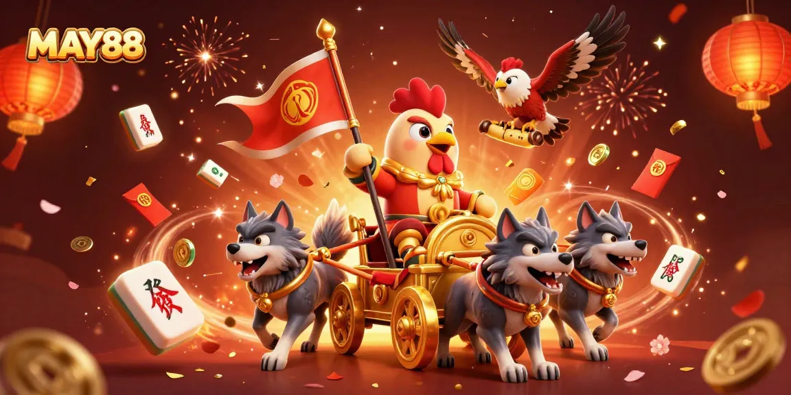 MAY88 features a whimsical rooster warlord in a vibrant 3D casino scene with golden coins and firework celebrations.
